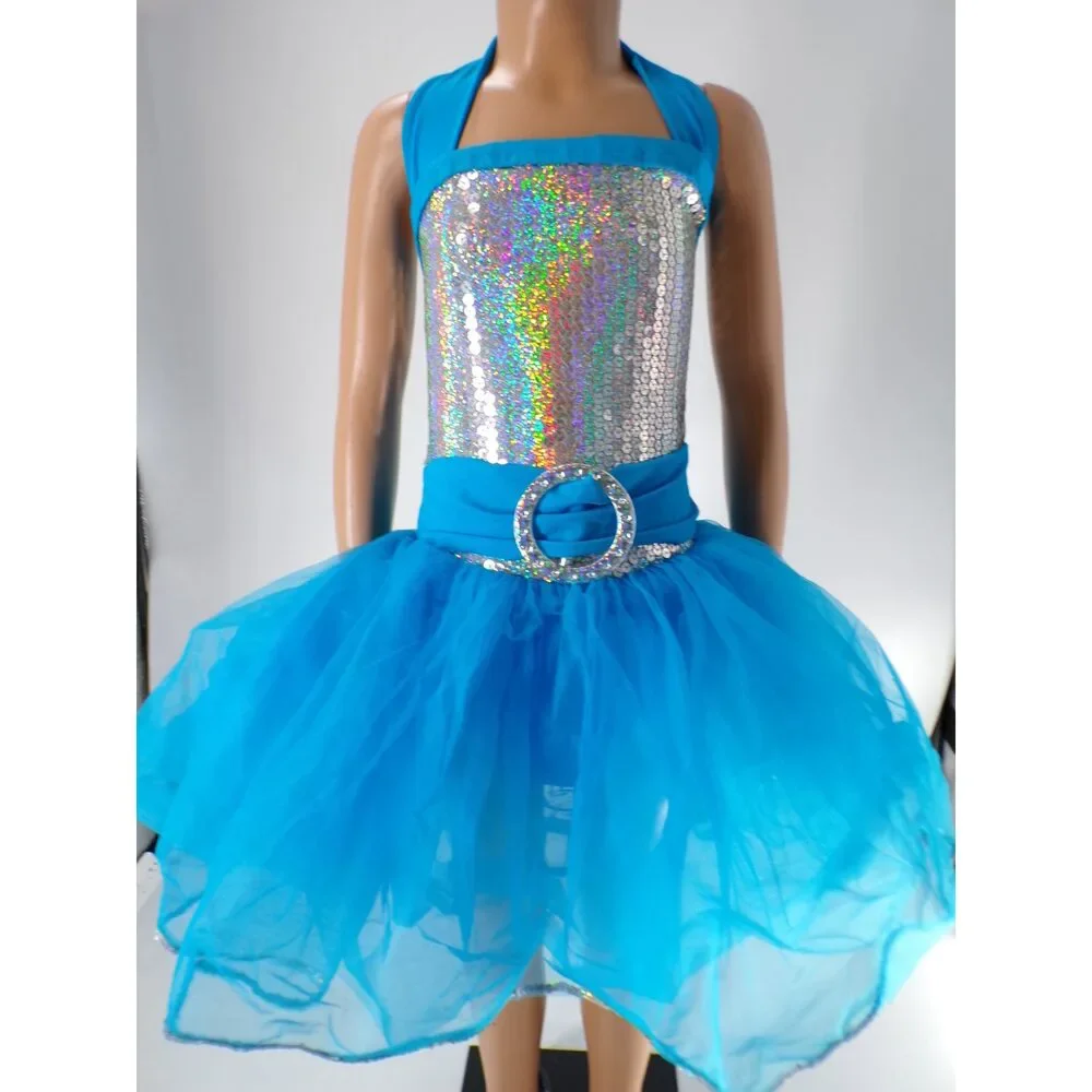 Pre-Owned Dance Costume Weissman 4427 Medium Child Turquoise Tutu Jazz Sequin